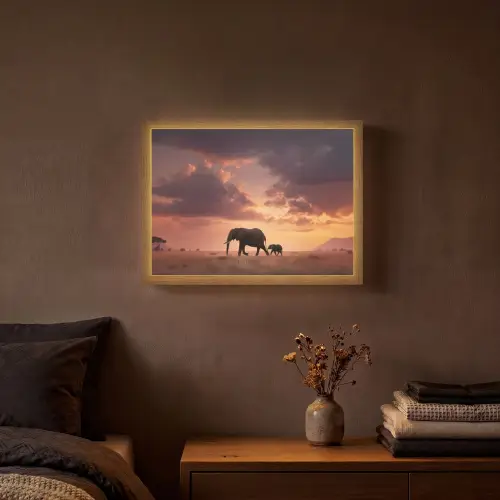Olifanten - Grasland - Zonsondergang Light Box met batterij (Wandlamp) middel -sfeer4