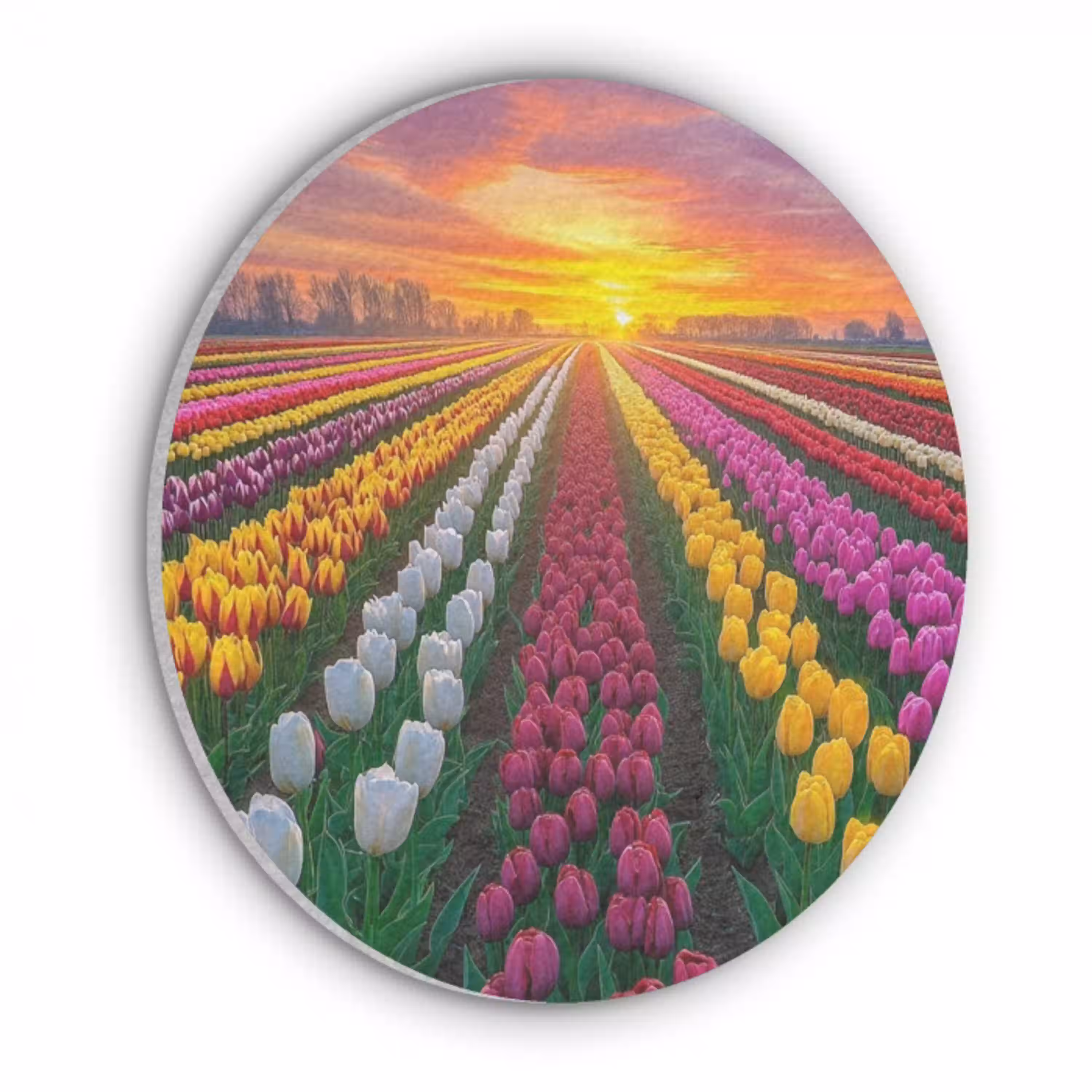Tulpenveld - Zonsondergang - Kleurrijk Akoestische PET Vilt - Rond klein -3d