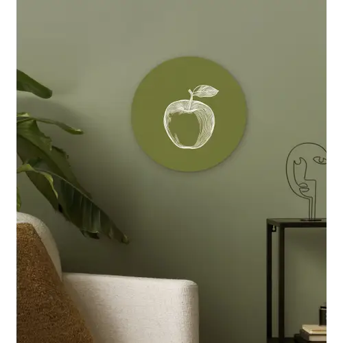 Lijntekening - Appel - Olijfgroen - Blaadje Wandcirkel kunststof plaat 5mm dik klein -sfeer3