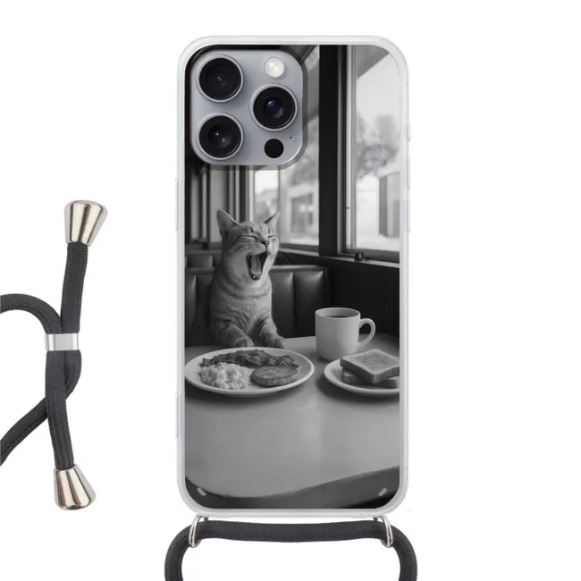 Telefoonhoesje met koord - Kat - Koffie - Brood - Zwart