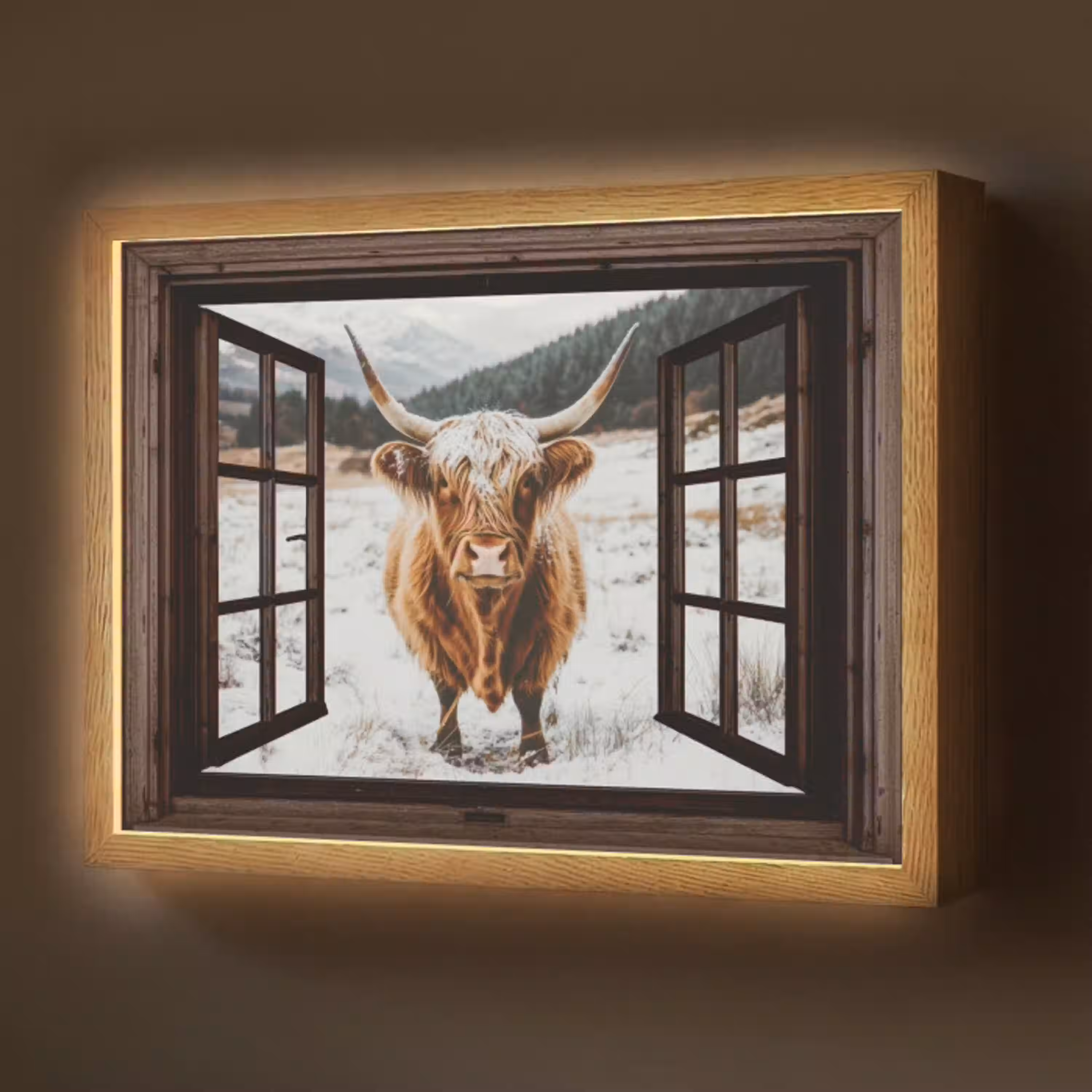 Schotse Hooglander - Landschap - Landelijk - Bergen - Winter - Doorkijk - Donker Light Box met batterij (Wandlamp) middel -z3d_website