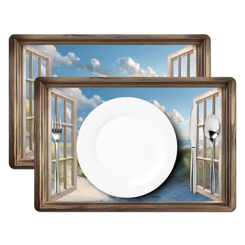 Doorkijk - Strand - Raam - Duinen - Zee Placemat vinyl groot -zzsfeer2_Kitchenyeah-website