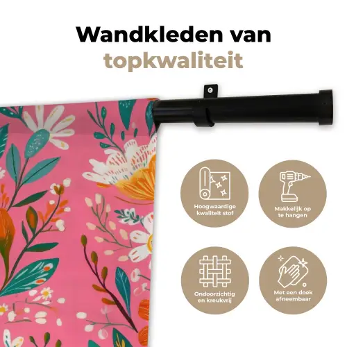 Roze - Bloemen - Wit - Oranje Wandkleed katoen klein -sfeer2