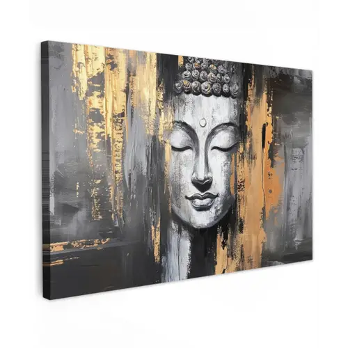 Boedhha - Penseelstreken - Goud - Abstract Tuinposter op houten frame 2 cm dik klein -3d