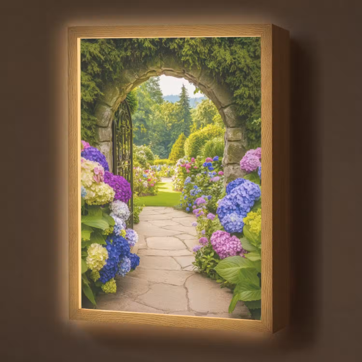 Lightbox - Wandlamp - Doorkijk - Poort - Hortensia - Bloementuin