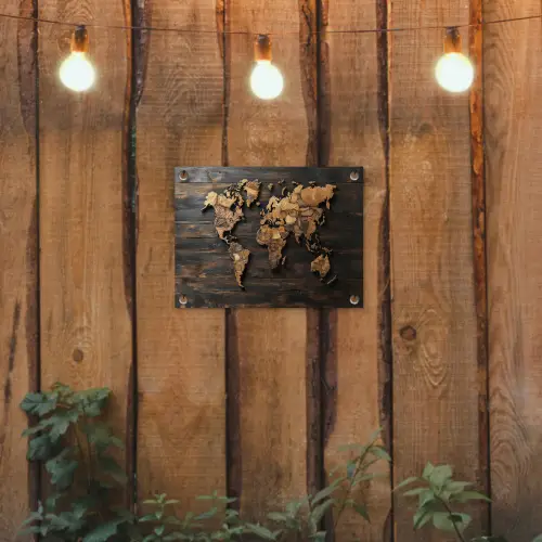 Wereldkaart -  Hout - Mozaïek tuinposter los doek klein -sfeer1