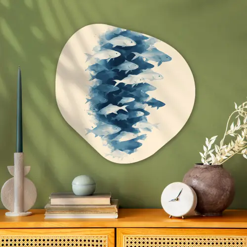 Vissen - Minimalistisch - Blauw Wandcirkel Organisch Aluminium middel -sfeer2