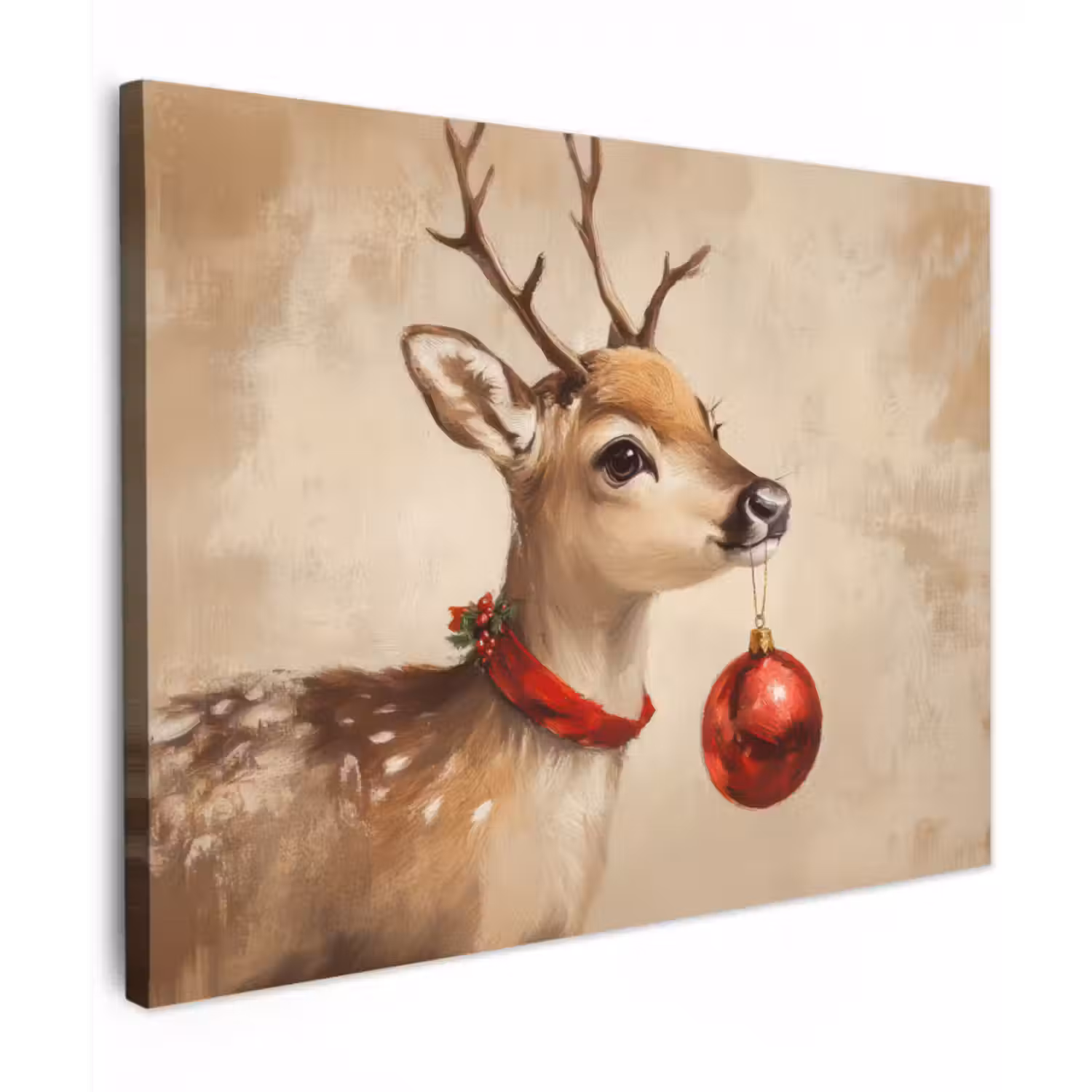 Canvas schilderij - Kerst - Hert - Gewei - Kerstbal - Rendier