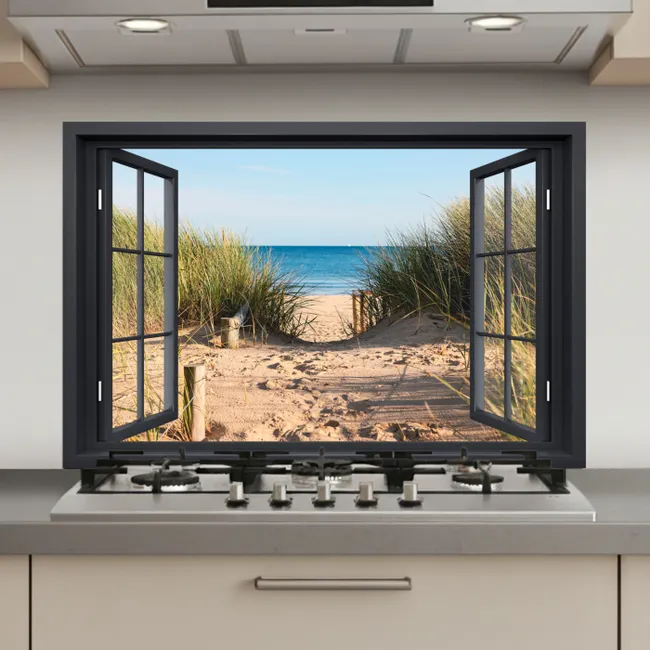 Doorkijk - Strand - Zee - Zand - Water - Helmgras - Duinen keuken achterwand spatscherm klein -3d_website