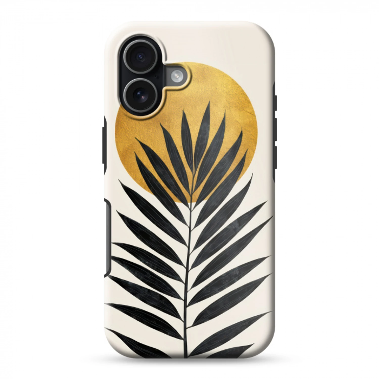 Zwart palmblad - Gouden cirkel - Beige achtergrond Toughcase MagSafe Apple iPhone 17 klein -3d