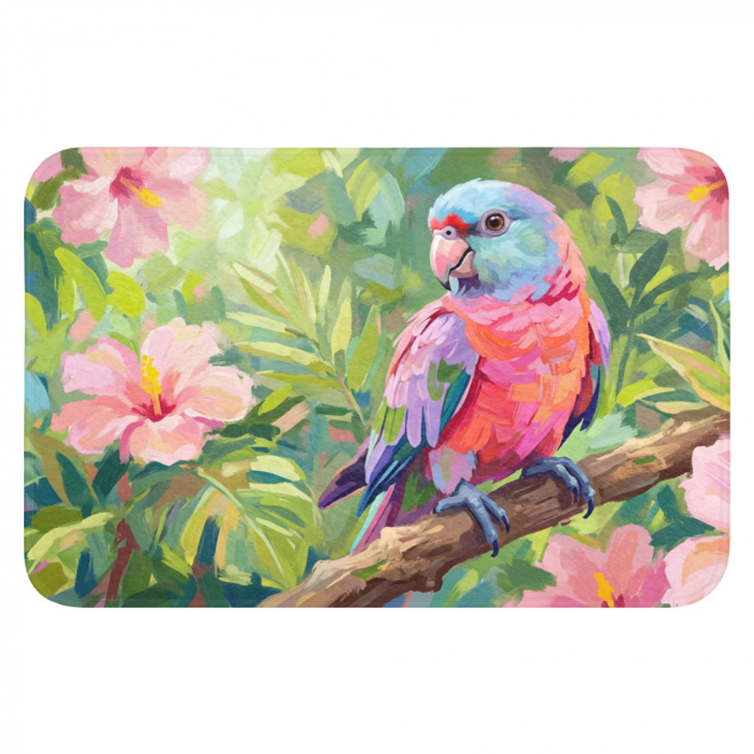 Papagaai - Hibiscusbloemen - Kleurrijk Badmat klein -3d