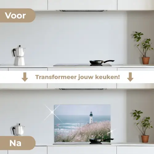 Vuurtoren - Klif - Zee - Bloemen keuken achterwand spatscherm klein -voor_na_NL