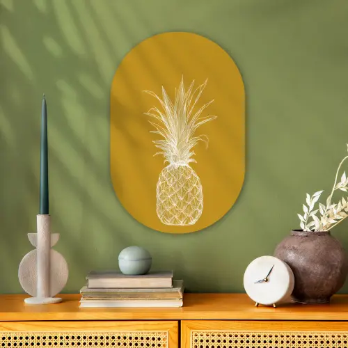Lijnillustratie - Ananas - Bladkroon - Okergeel Wandcirkel Ovaal Forex klein -sfeer2