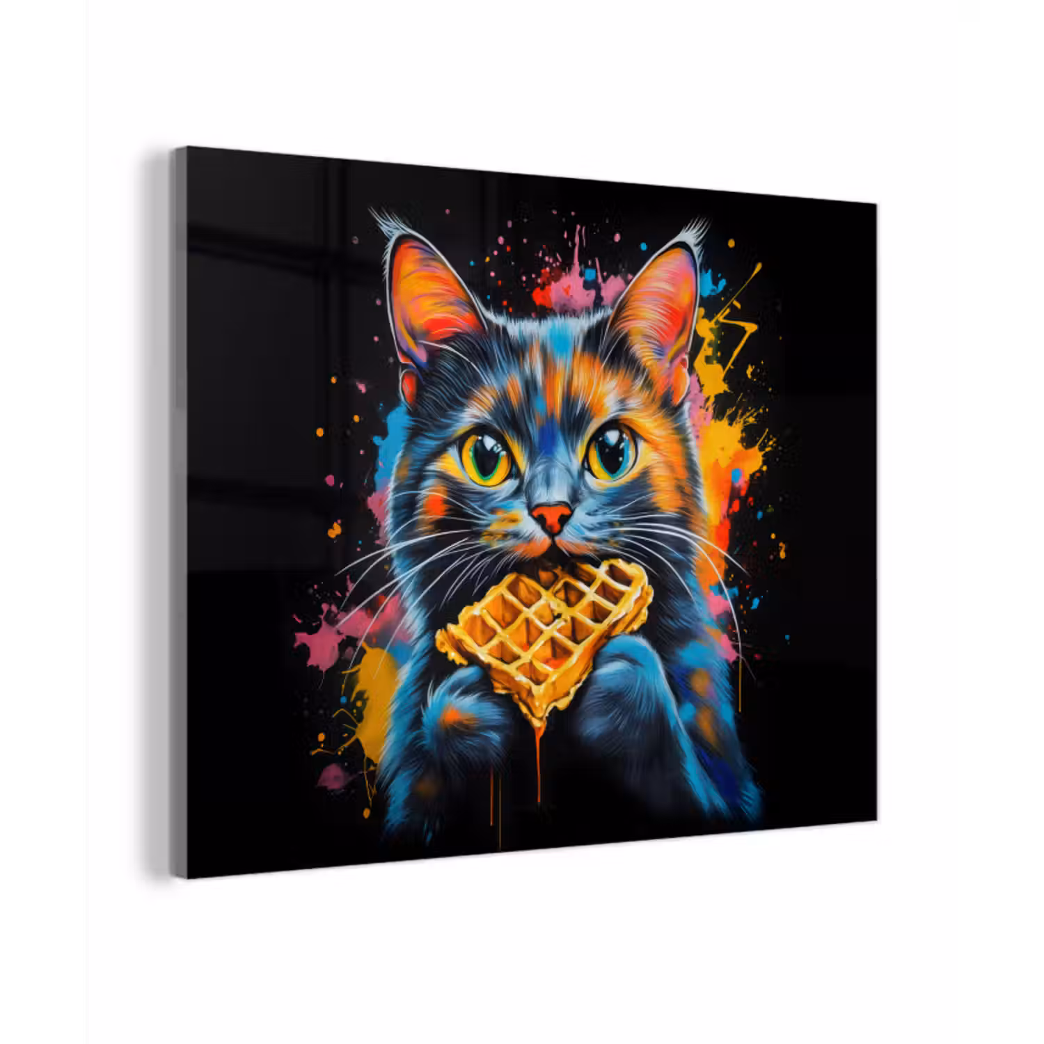 Glas schilderij - Kat - Graffiti - Kleurrijk - Wafel - Eten