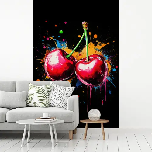 Kersen - Fruit - Graffiti - Verf - Abstract - Modern - Kleurrijk fotobehang vinyl groot -woonkamer