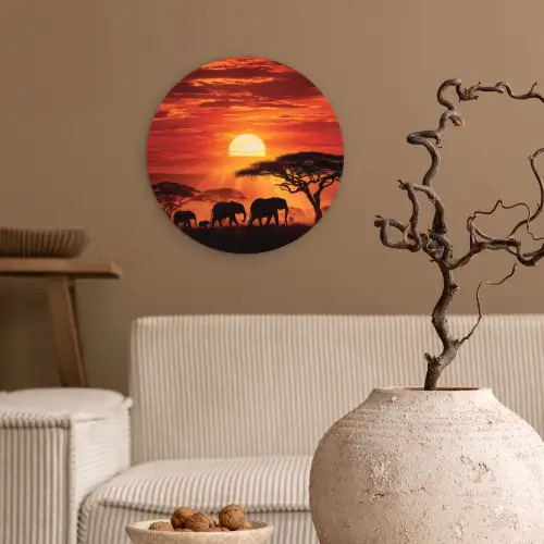 Savanne - Olifanten - Zonsondergang Wandcirkel kunststof plaat 5mm dik klein -sfeer1
