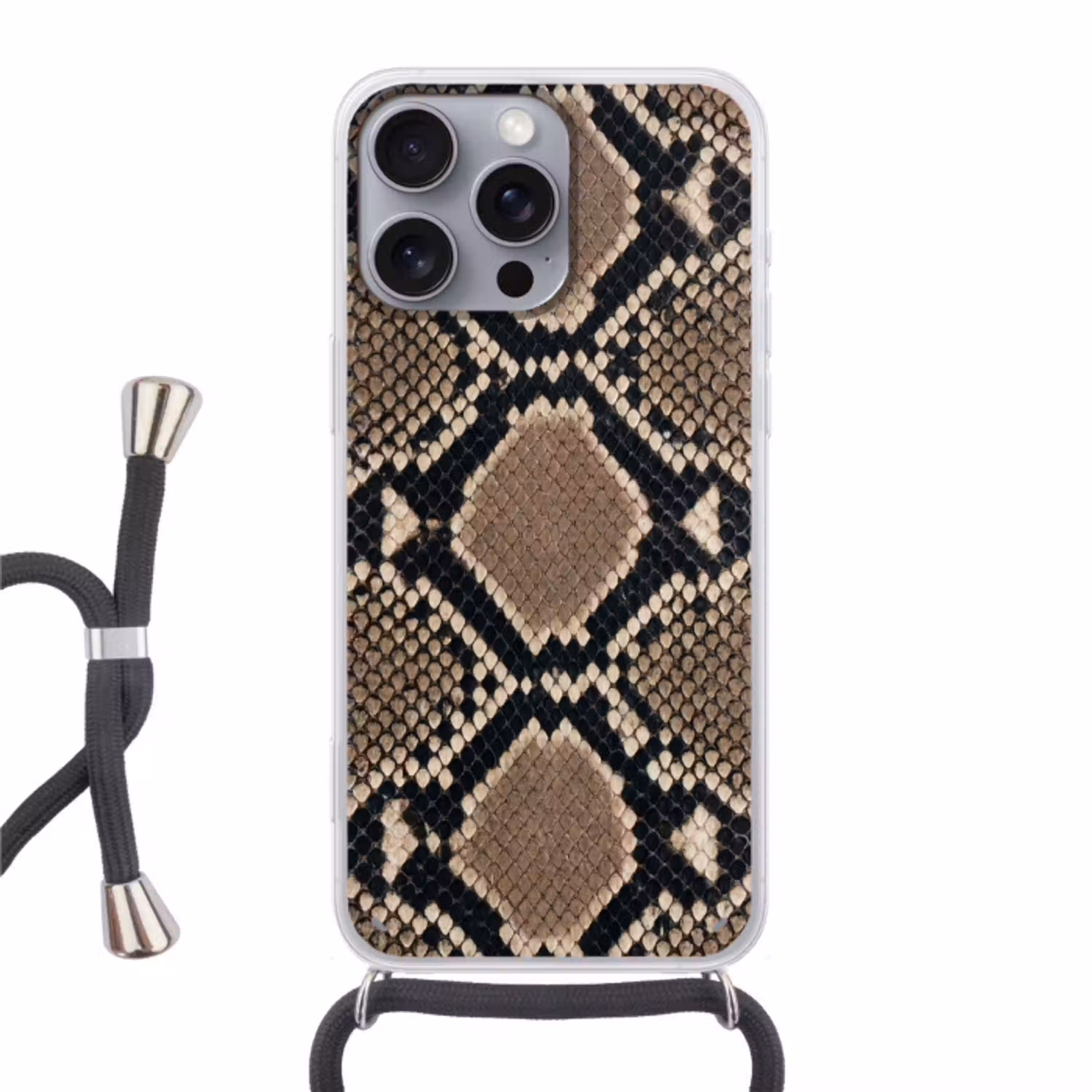 Slangenprint - Python - Bruin Hoesje iPhone 16 Pro Max met koord klein -3d