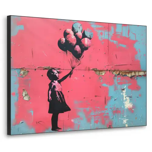 Graffiti - Meisje - Ballon - Roze - Blauw - Street art Textielframe zwart klein -3d