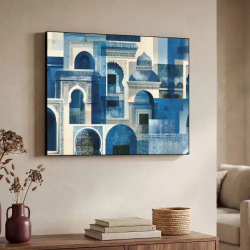 Abstract - Islamitisch - Blauw - Wit Textielframe zwart klein -sfeer3