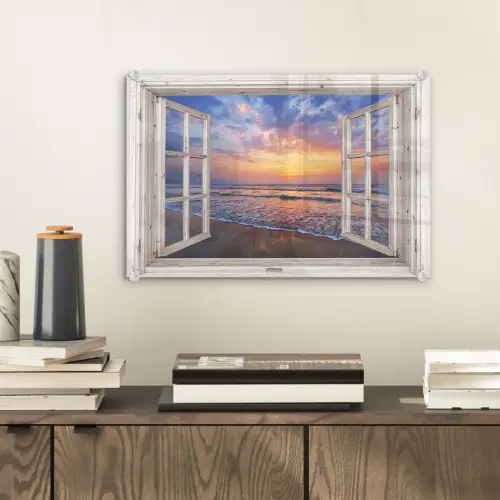 Doorkijk - Zee - Strand - Zonsondergang - Blauw plexiglas 5mm klein -sfeer1