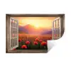 Doorkijk - Klaprozen - Bloemen - Rood - Open raam Muursticker klein -3d