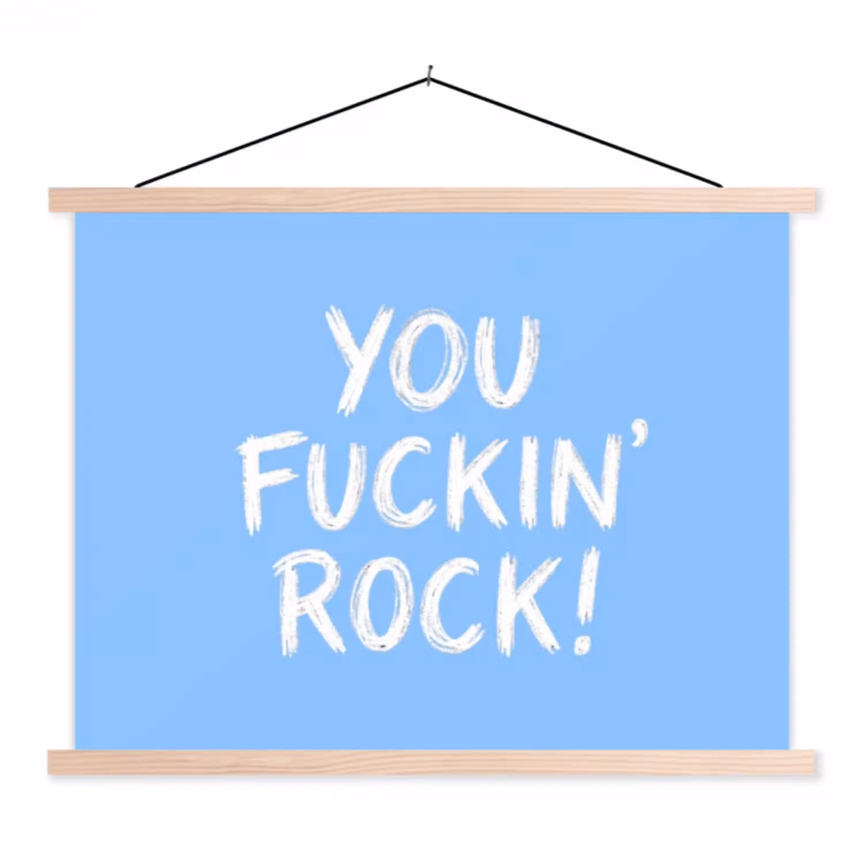Blauw - Wit - You fuckin rock textielposter latten blank klein -3d