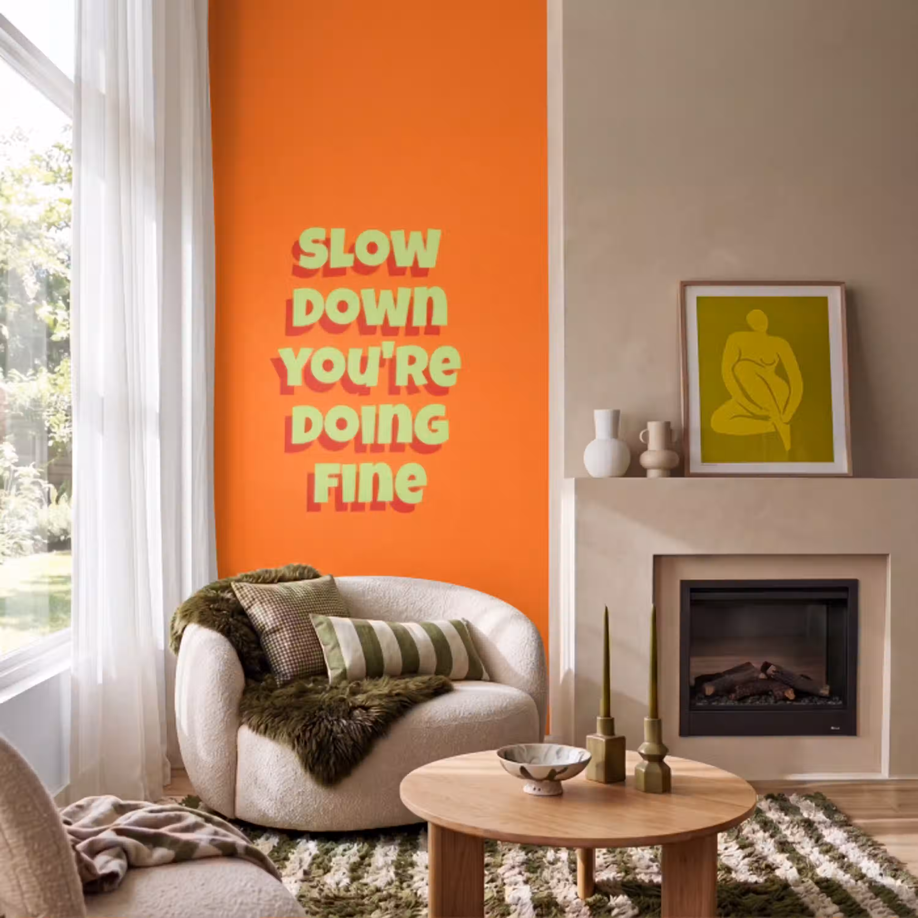 Slow down you're doing fine - Oranje - Simple Behang Vlies klein -sfeer2