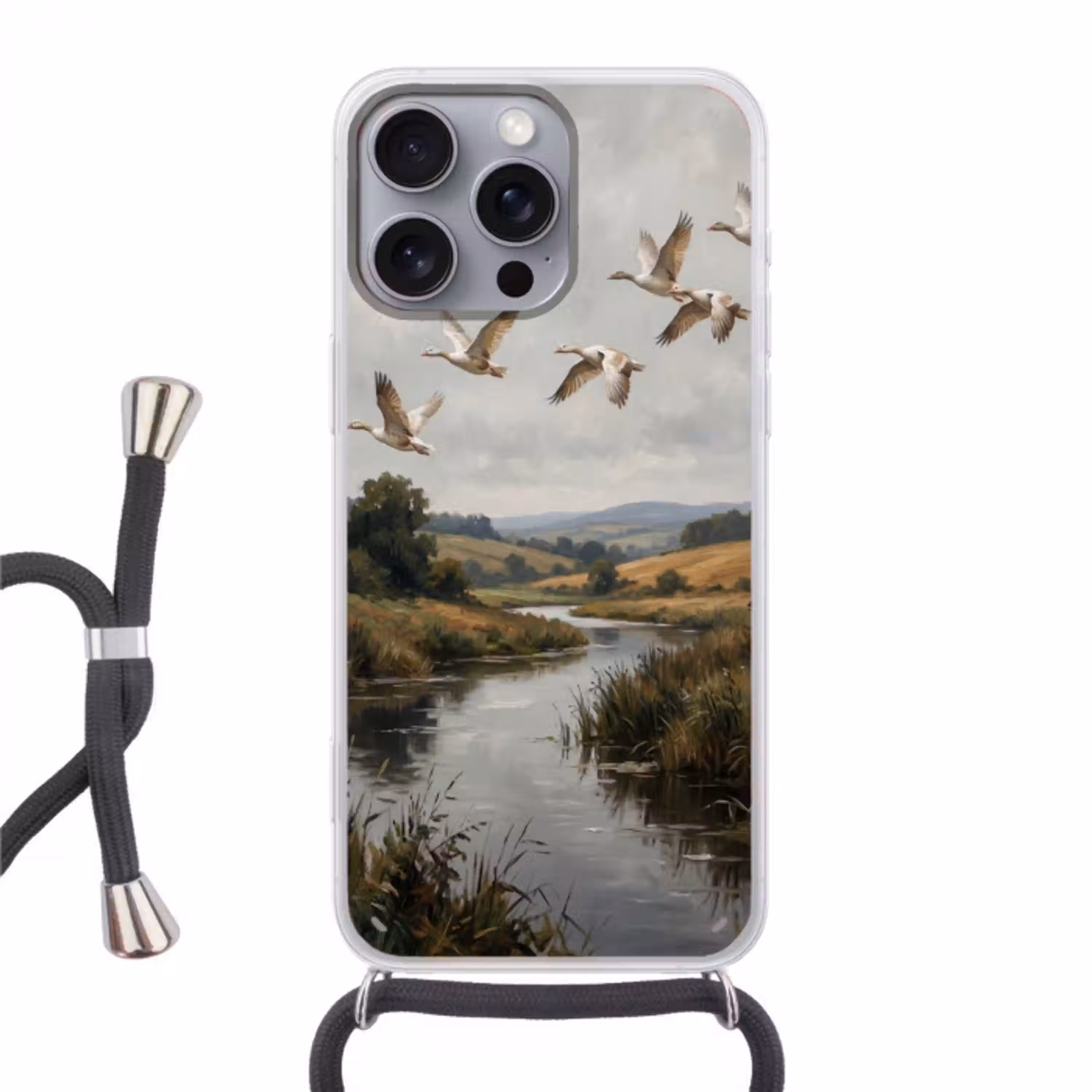 Eenden - Rivier - Landschap - Vlucht - Nostalgisch Hoesje iPhone 16 Pro Max met koord klein -3d