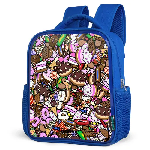 Overvol patroon met lekkernijen Kinderrugzak - Blauw middel -schuin