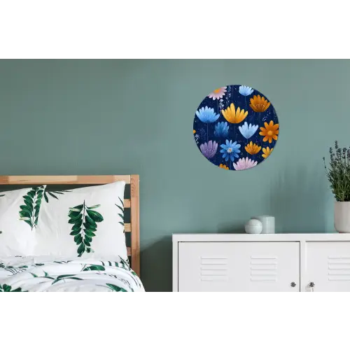 Bloemen - Patroon - Blauw - Contrast Wandcirkel aluminium klein -slaapkamer