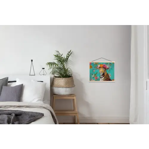 Luipaard - Bloemen - Kroon textielposter latten blank klein -woonkamer