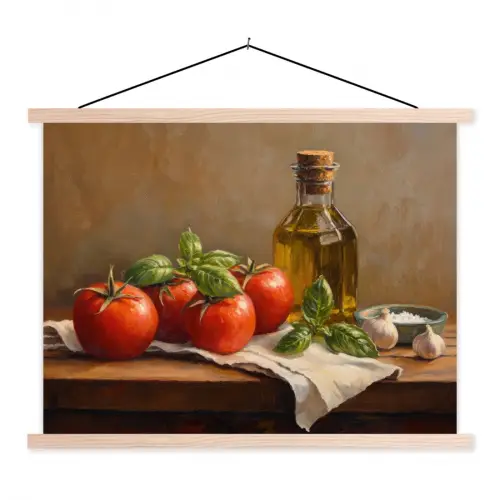 Tomaten - Olijfolie - Stilleven textielposter latten blank klein -3d