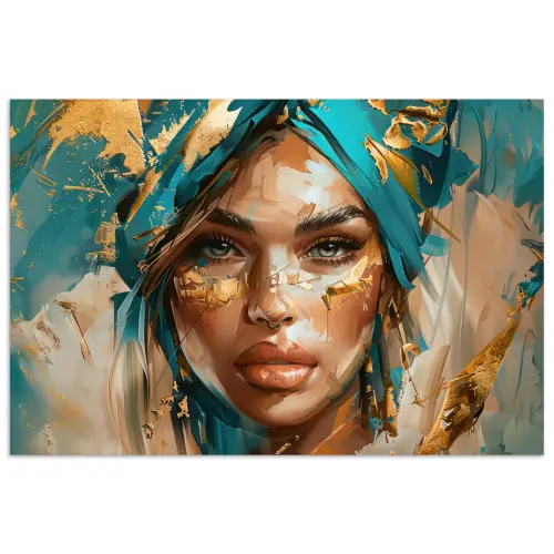 Vrouw - Portret - Goud - Luxe - Blauw poster papier klein -3d