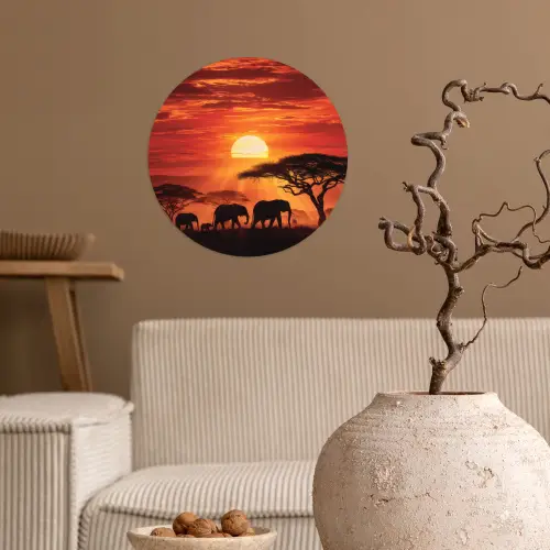 Savanne - Olifanten - Zonsondergang Wandcirkel behangsticker klein -sfeer1