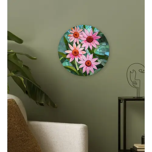 Bloemen - Roze - Glasmozaïek Wandcirkel kunststof plaat 5mm dik klein -sfeer3