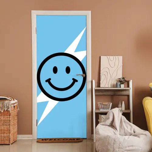 Smiley - Blauw - Bliksem deurposter klein -sfeer1