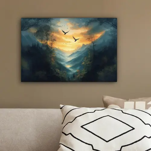 Vogels - Zon - Bomen - Groen canvas 2cm klein -sfeer3