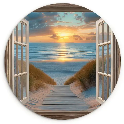 Doorkijk - Strand - Pad - Zonsondergang Wandcirkel plexiglas klein -3d