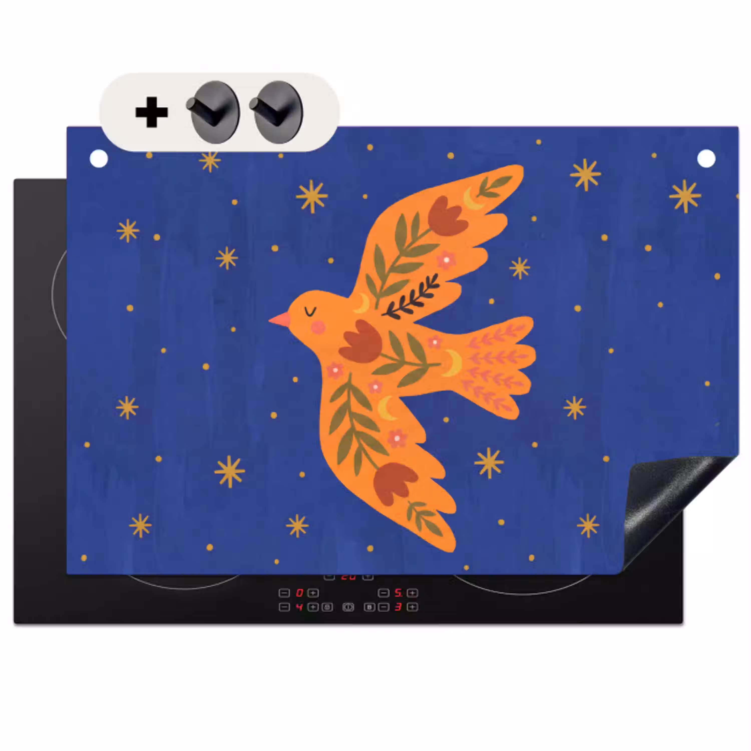 Vogel - Bloemen - Decoratief - Oranje - Blauw Inductie beschemer met haakjes klein -3d