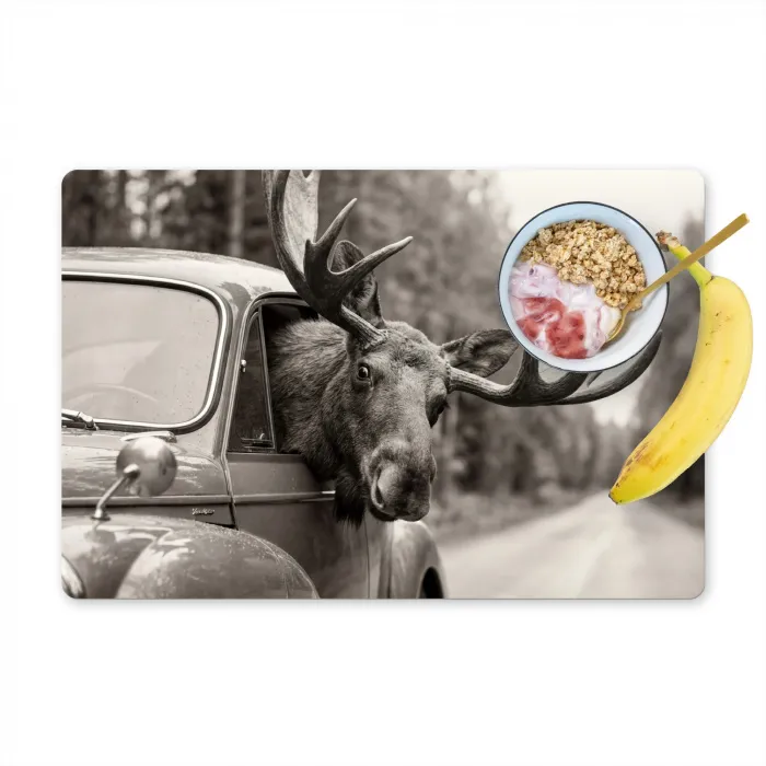 Eland - Auto - Gewei - Zwart - Wit Placemat vinyl groot -zzzproduct_Kitchenyeah-website