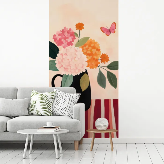 Vaas - Bloemen - Vlinder - Rood fotobehang vinyl groot -woonkamer