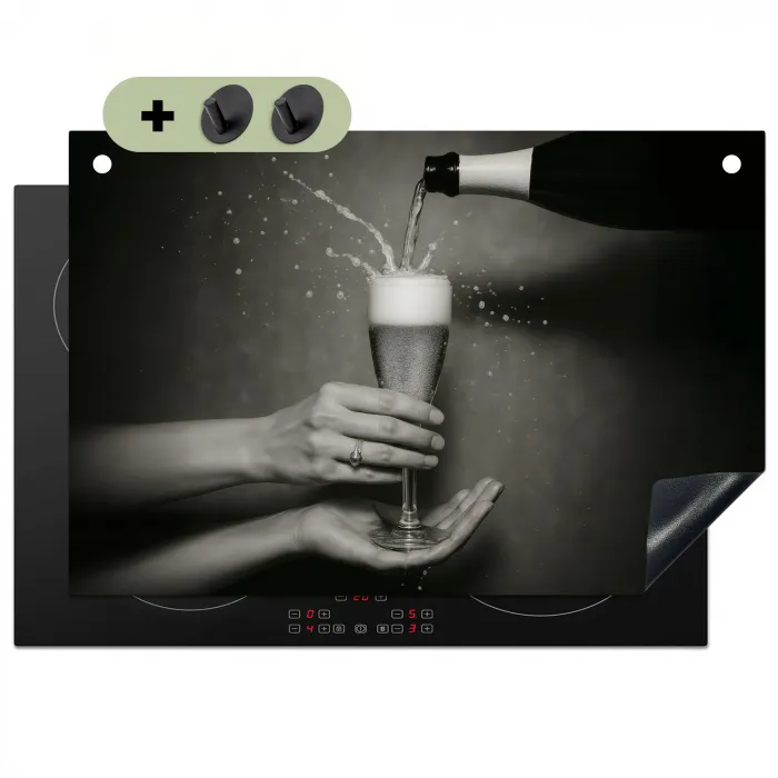 Champagnefles - Glas - Minimalistisch - Spetters Inductie beschemer met haakjes klein -3d