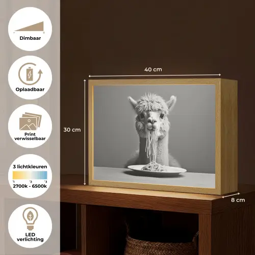 Alpaca - Pasta - Zwart - Wit - Grappig - Dieren Light Box met batterij (Wandlamp) middel -USP_websiteoverzichtNL