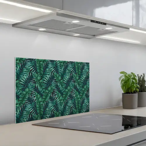 Palmbladeren - Blauw - Tint - Zwart keuken achterwand spatscherm klein 900 -3d_schuin