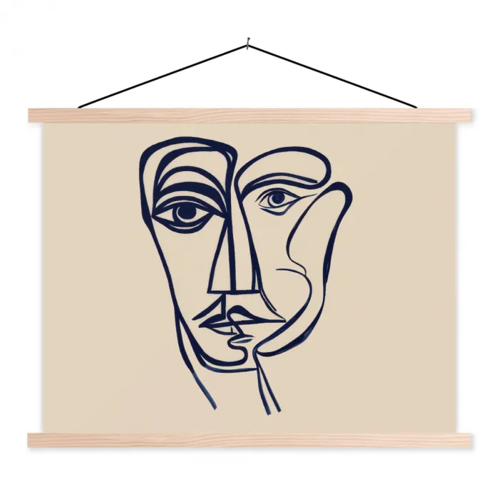 Minimalistisch - Lijnillustratie - Beige - Donkerblauw textielposter latten blank klein -3d