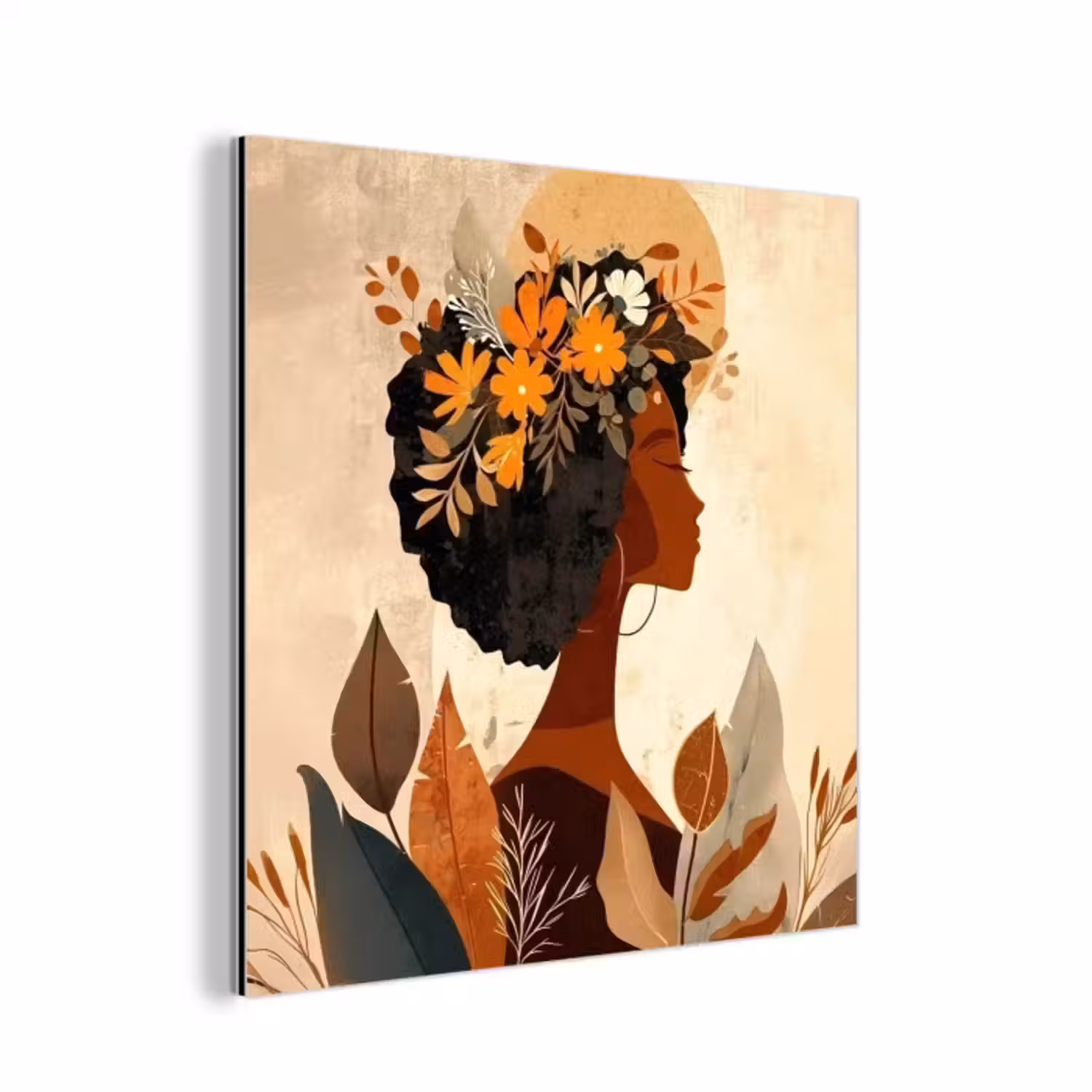 Aluminium schilderij - Vrouw - Krullen - Bloemen - Beige