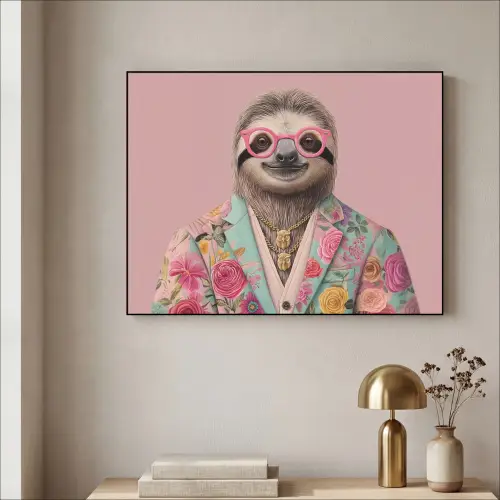 Luiaard - Bloemenprint - Bril - Roze Textielframe zwart klein -sfeer2