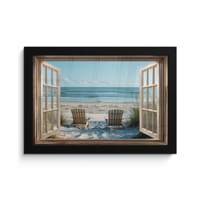 Doorkijk - Strandstoelen - Duinen - Zee - Natuur fotolijst zwart zonder passe partout klein -3d