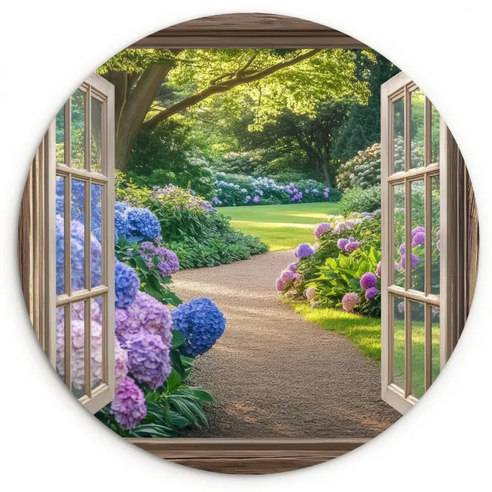 Doorkijk - Tuin - Raam - Hortensia - Bloemen Wandcirkel plexiglas klein -3d