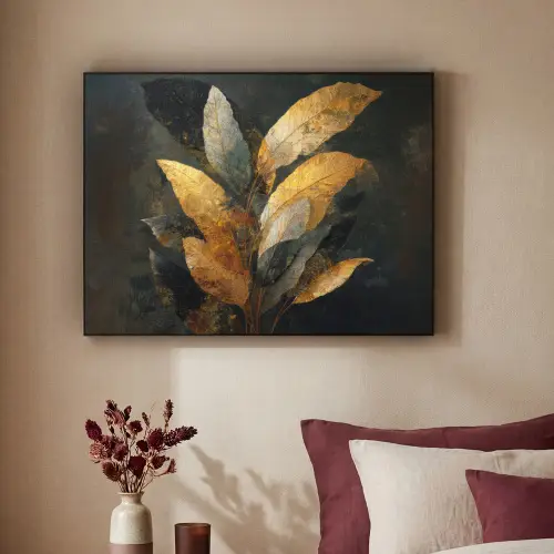 Gouden Bladcompositie – Botanische Luxe Textielframe zwart klein -sfeer1